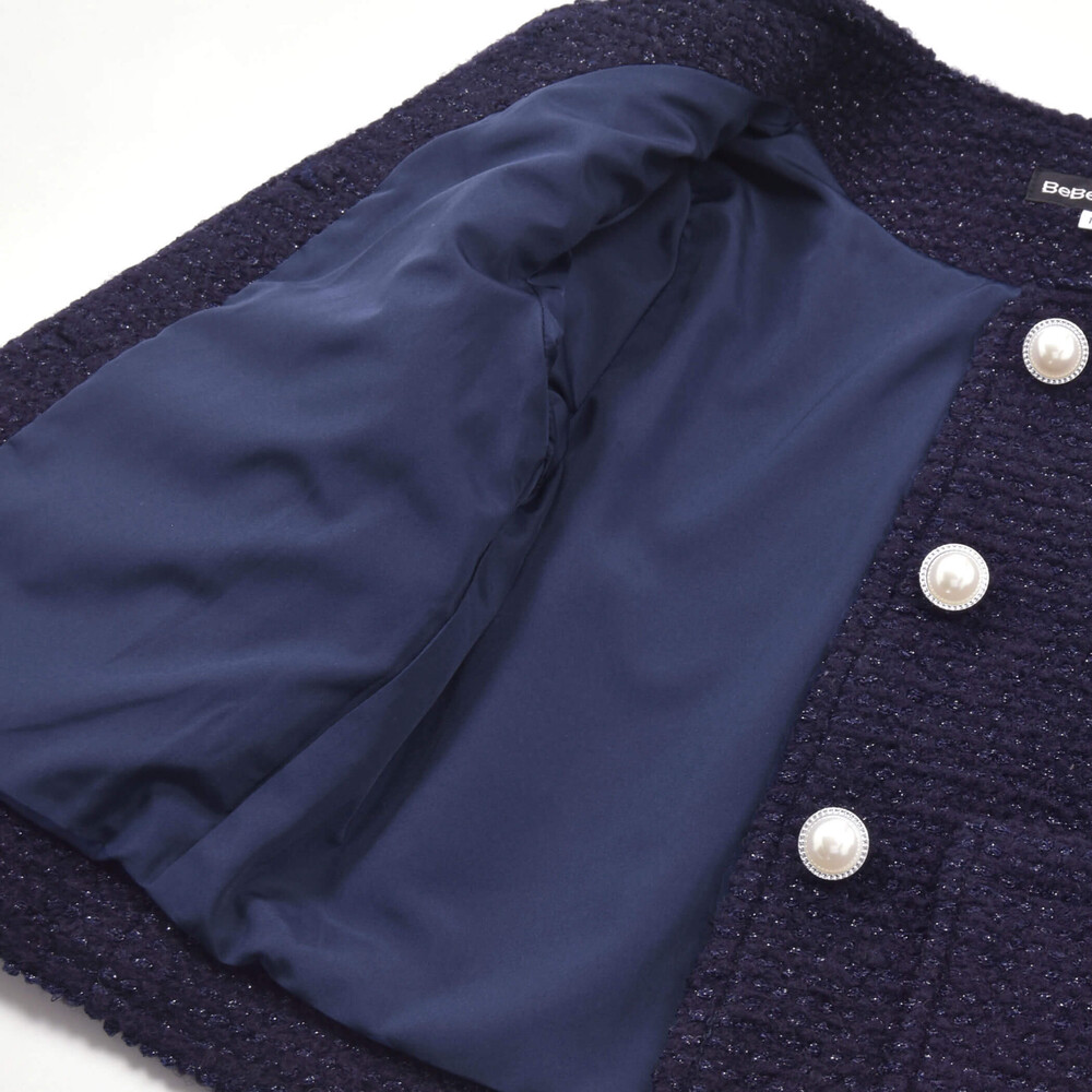 【お揃い】ラメボアパールボタンノーカラージャケット(100~160cm) ネイビー 100cm