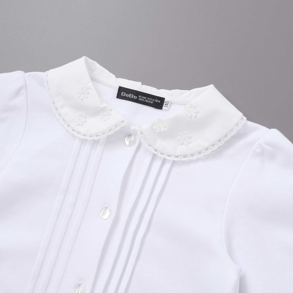 花レース丸襟フロントタックスムース長袖ブラウス(90~140cm) ホワイト 90cm