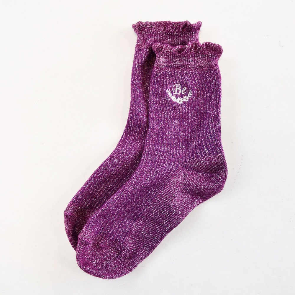 刺繍 フリル ラメ入り リブ ソックス (15cm~24cm) パープル 17-19cm
