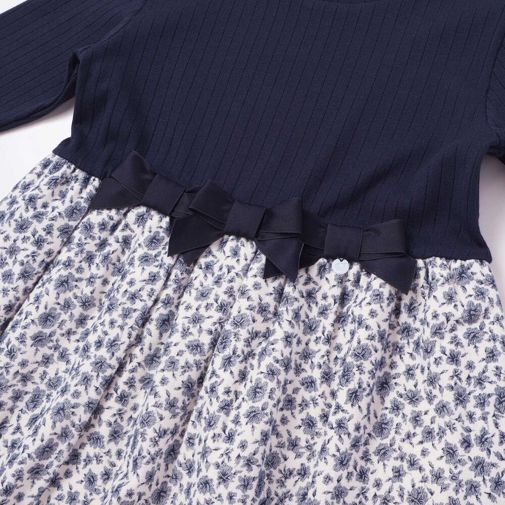 【限定商品】リブ+ネル花柄ドッキング長袖ワンピース(95~150cm) ネイビー系 95cm