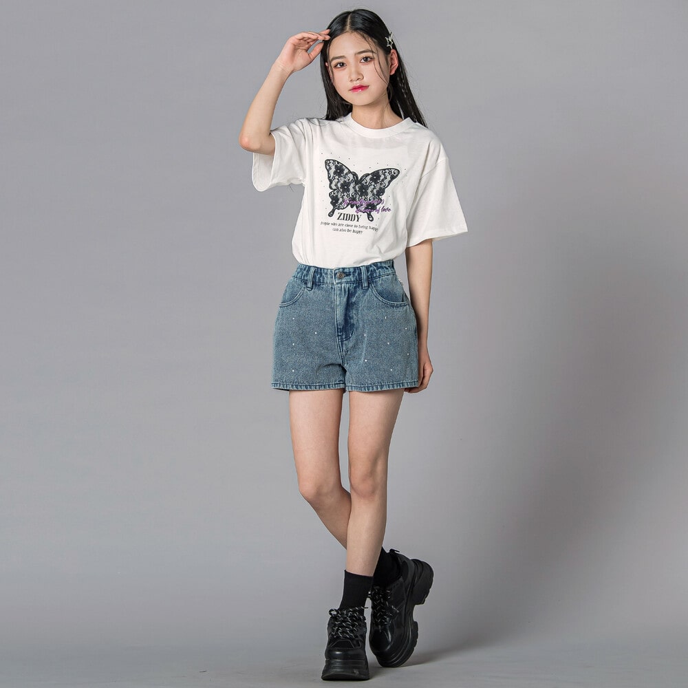 ラインストーンショートデニムパンツ(130~160cm) ネイビー 130cm