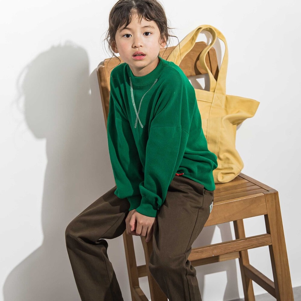 強撚糸スウェット風カラーニットプルオーバー 親子お揃い(110~140cm) グリーン M(110~125cm)