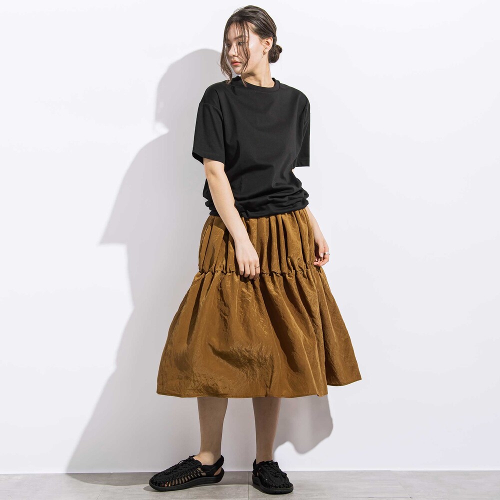 (ペチコート付)ポンチ+メタリックボイルスカートドッキング半袖ワンピース親子お揃い大人(140~160cm) ブラック S(140~150cm)