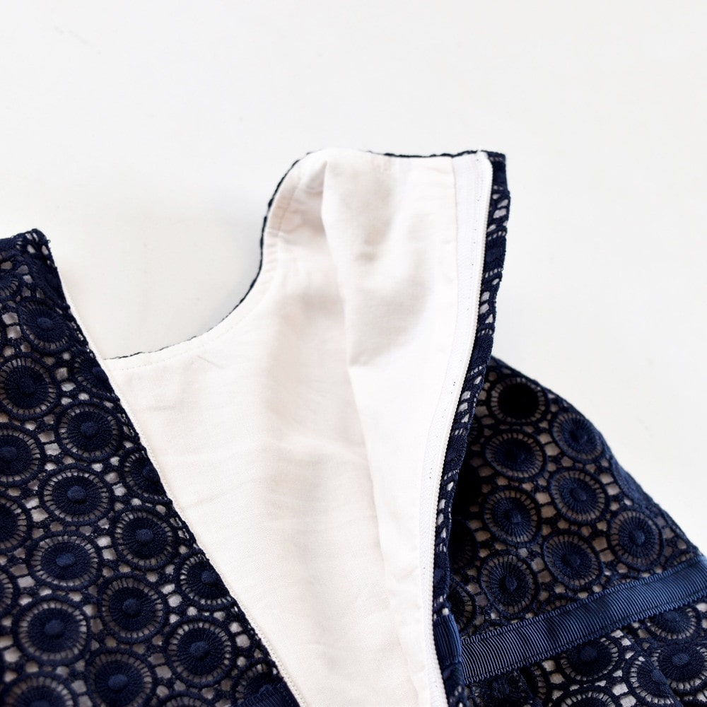 日本製 フォーマル オーガンジー レース リボン Aライン 刺繍 ジャンパースカート ワンピース ドレス (140cm) ネイビー 140cm