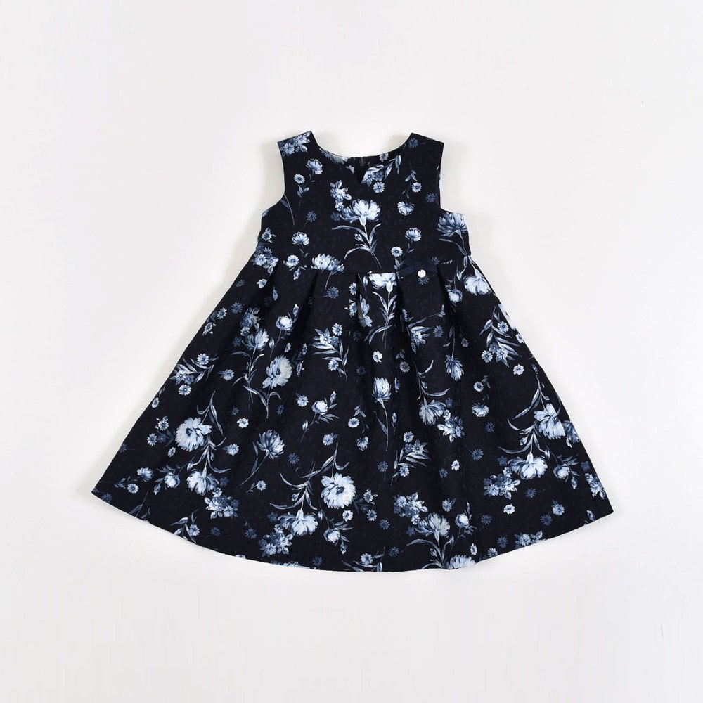 日本製 フォーマル ジャガード 花柄 リボン Aライン ワンピース ジャンパースカート ドレス (80cm~140cm) ネイビー系 80cm