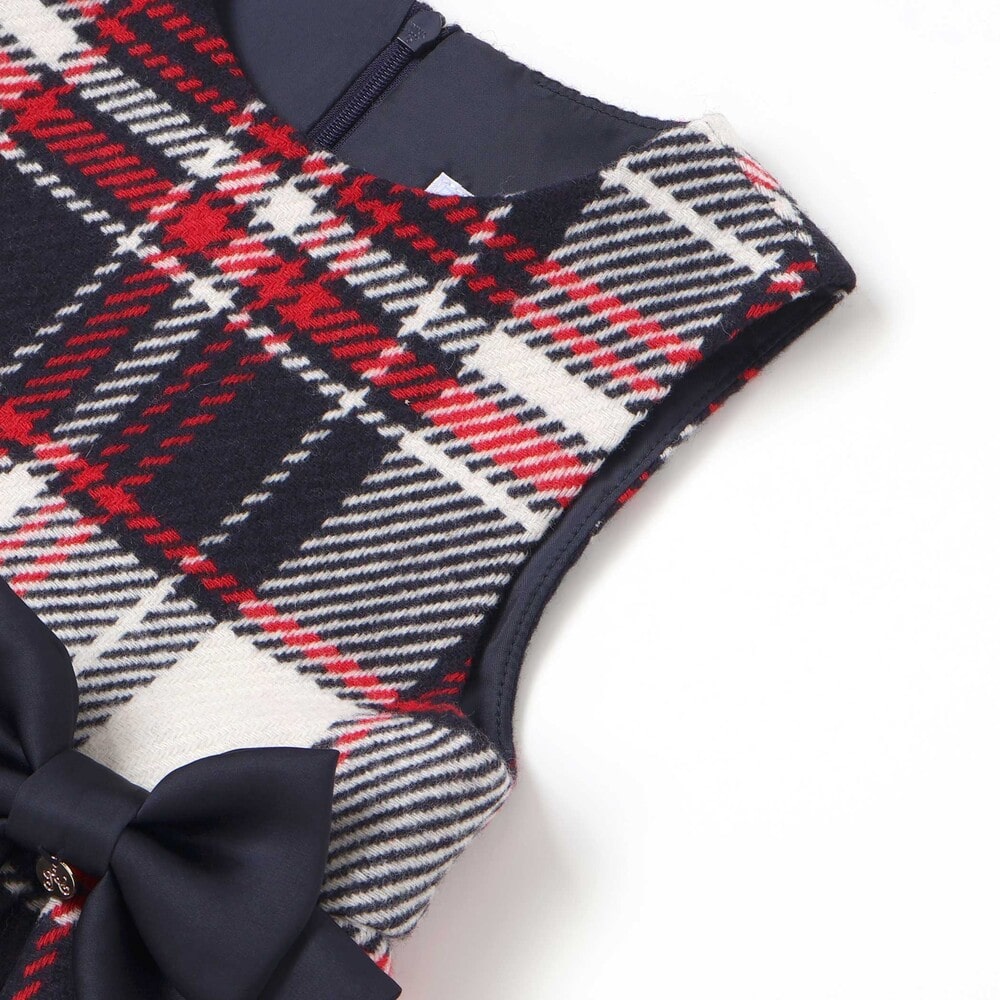 【日本製】【お揃い】ウールチェックサイドリボン付きジャンパースカート(90~140cm) ネイビー系 100cm