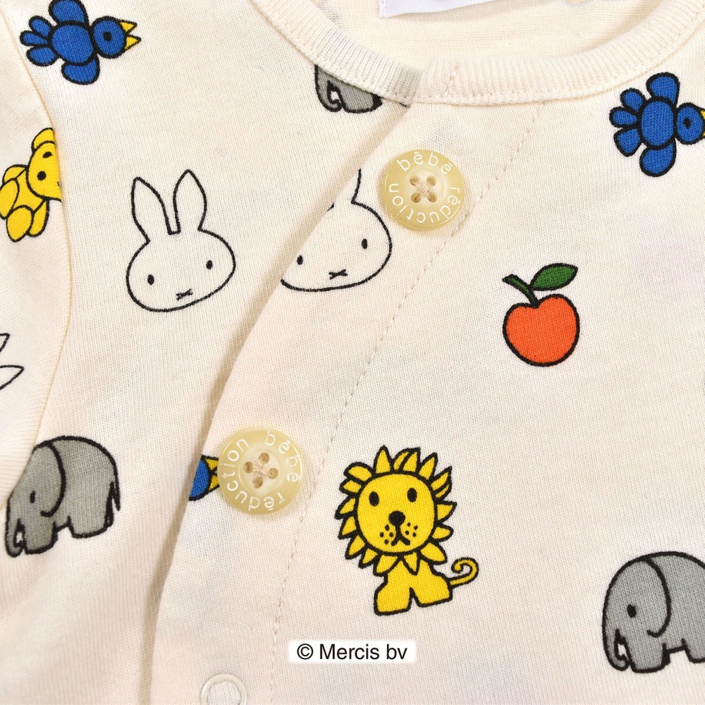【miffy×bebe reduction コラボアイテム】ミッフィー 動物 総柄 半袖 カバーオール (70~90cm) オフホワイト系 70cm