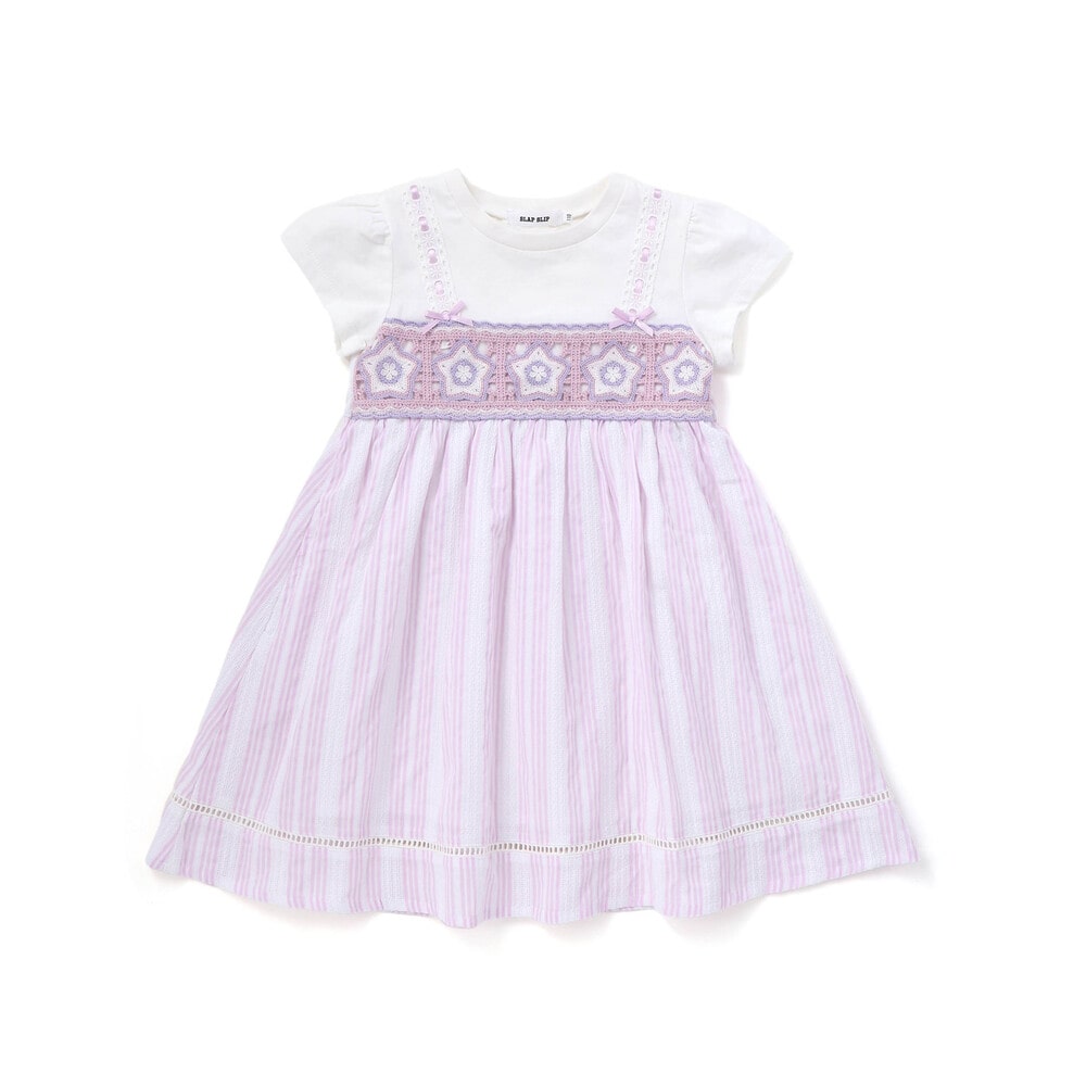 【お揃い】かぎ編み風レースビスチェドッキング天竺ワンピース(80~130cm) パープル系 80cm