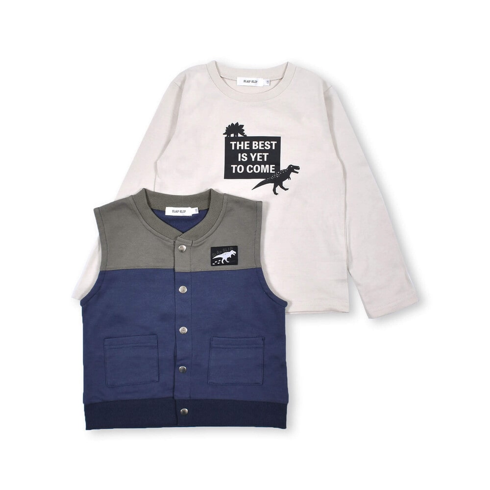 2点セット 恐竜 ロゴ プリント Tシャツ × 配色 切り替え ベスト (80~130cm) ネイビー 100cm
