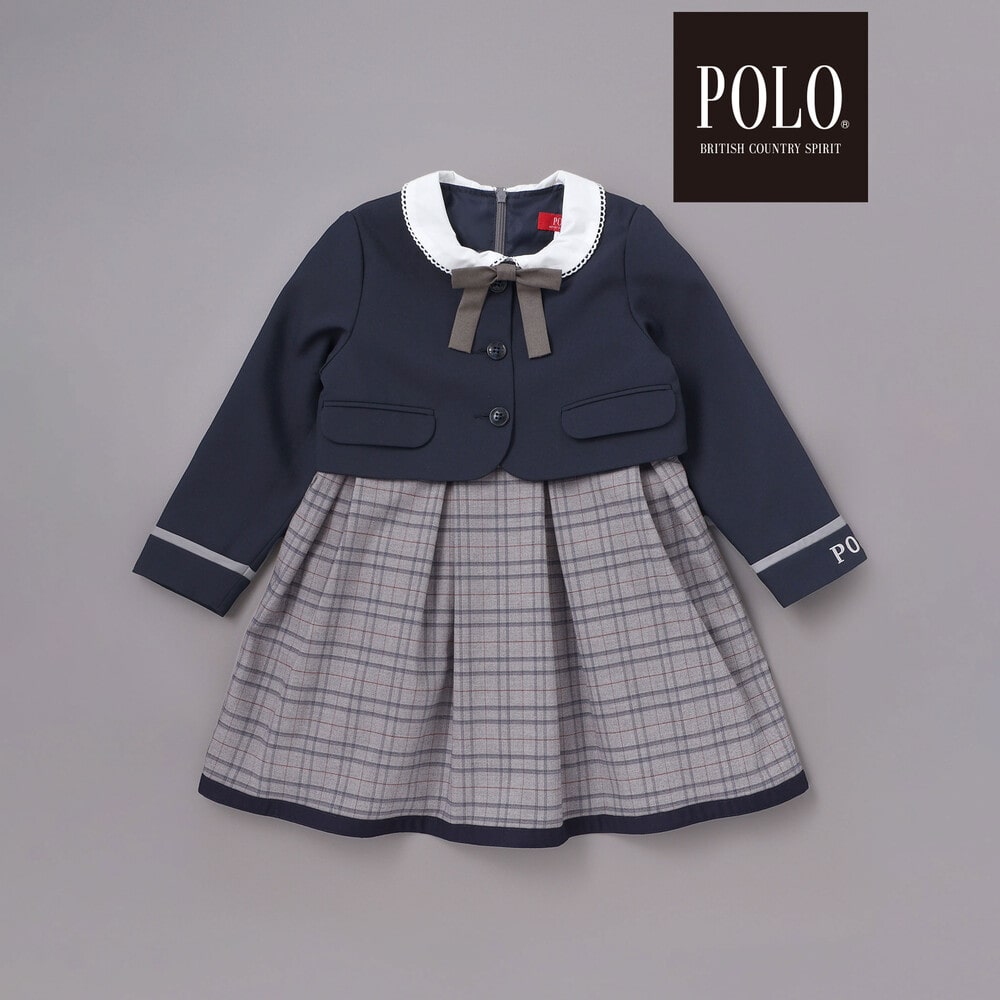 【POLO BCS(ポロ・ビーシーエス)×SLAP SLIPコラボ】袖切り替えジャケット+襟リボン付きチェックワンピース(110~130cm) ベージュ系 110cm