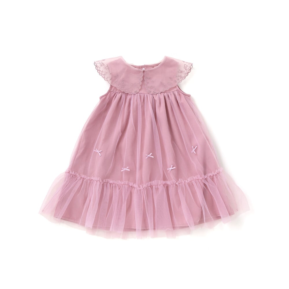 ハート音符刺しゅうオーガンジービッグカラーワンピース(80~130cm) ネイビー 80cm