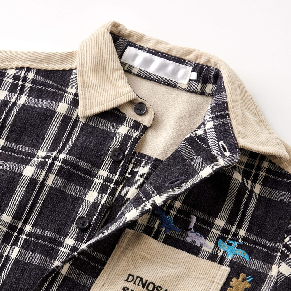 【お揃い】配色コールテン襟付チェック柄シャツ(80~130cm) ブラウン系 80cm