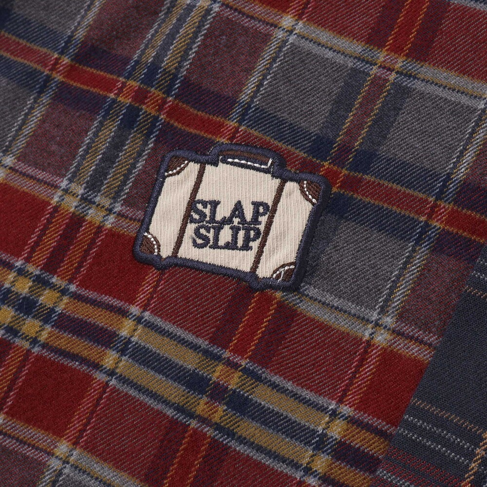 【お揃い】もこもこボア襟切り替えチェックシャツ(90~130cm) ネイビー×レッド系 90cm