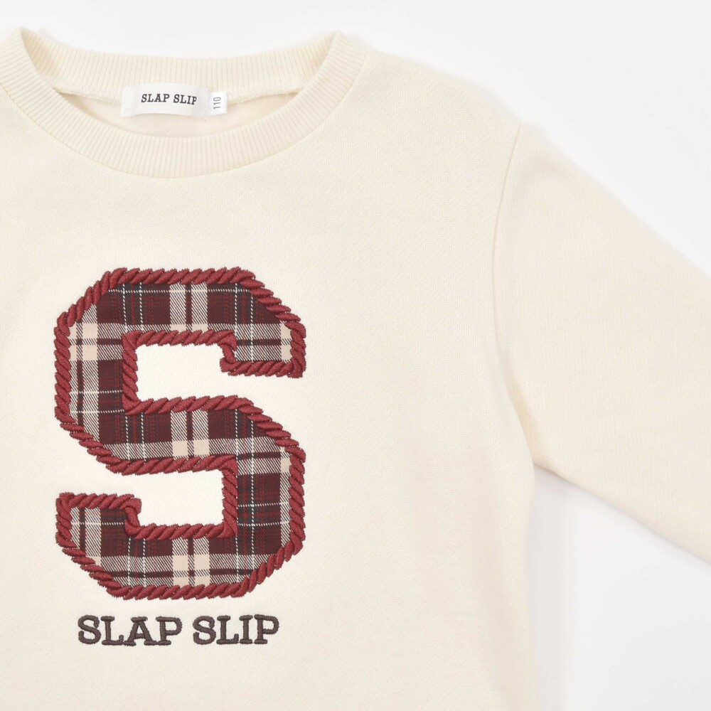 【お揃い】裏起毛チェック切り替えアルファベット刺しゅうトレーナー(80~130cm) オフホワイト 80cm