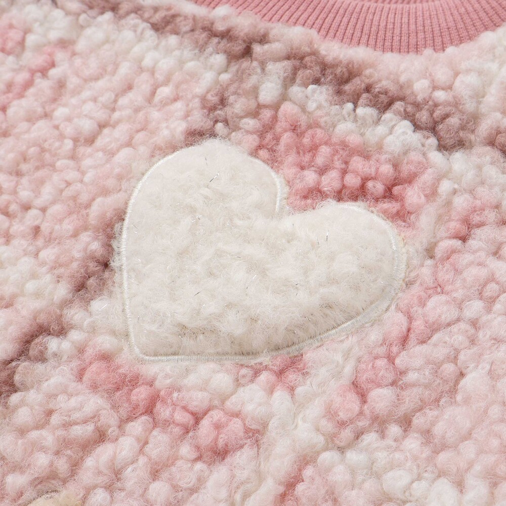 ハートリボンキラキラボアパッチもこもこチェックトレーナー(80~130cm) ブルー系 80cm