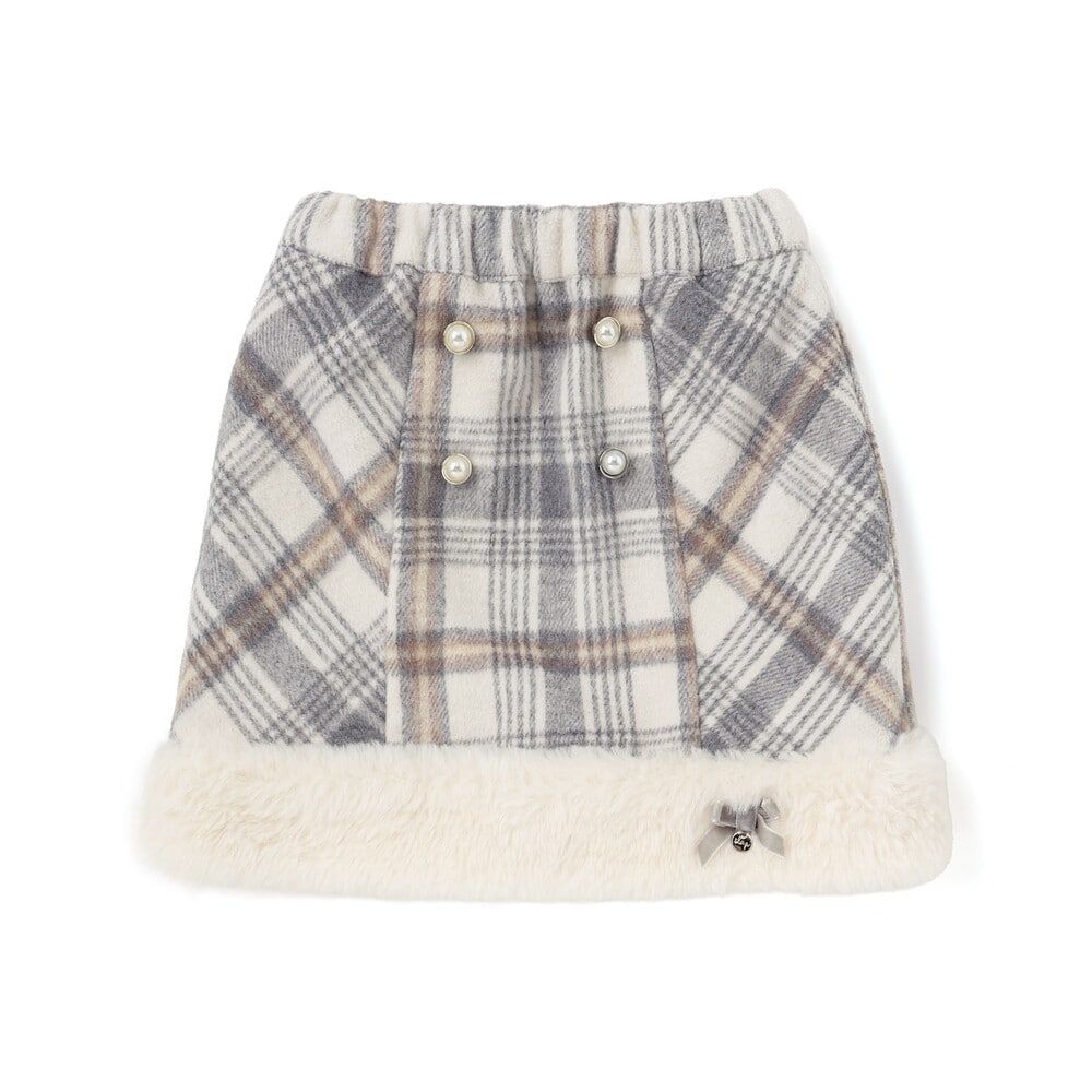【お揃い】ファー切替チェック台形スカート(90~130cm) グレー系 90cm