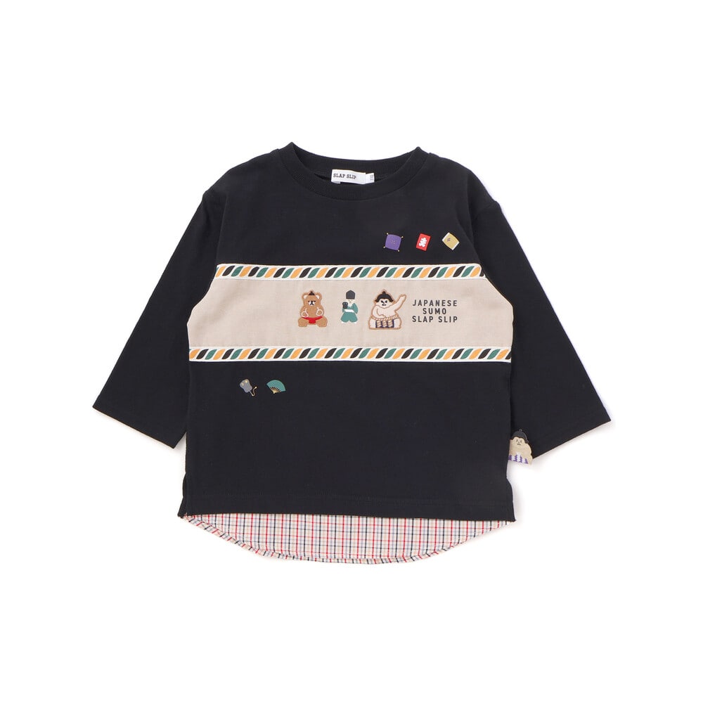 天竺シャンブレーチェック切り替え7分袖Tシャツ(80~130cm) ブラック 80cm