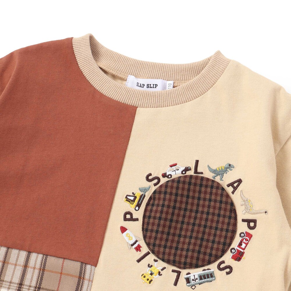 【お揃い】モチーフ刺しゅうチェック切り替え長袖Tシャツ(80~130cm) オフホワイト 80cm