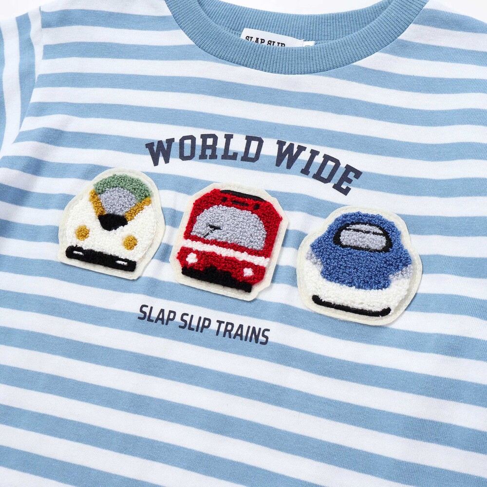電車モチーフサガラ刺しゅうボーダー柄長袖Tシャツ(80~130cm) ブルー系 80cm