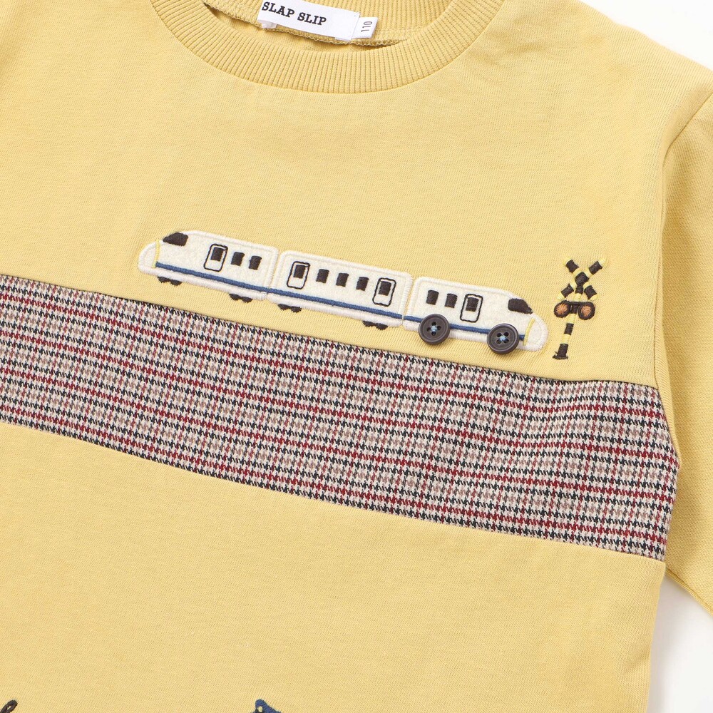 電車モチーフチェック切り替え長袖Tシャツ(80~130cm) イエロー 80cm