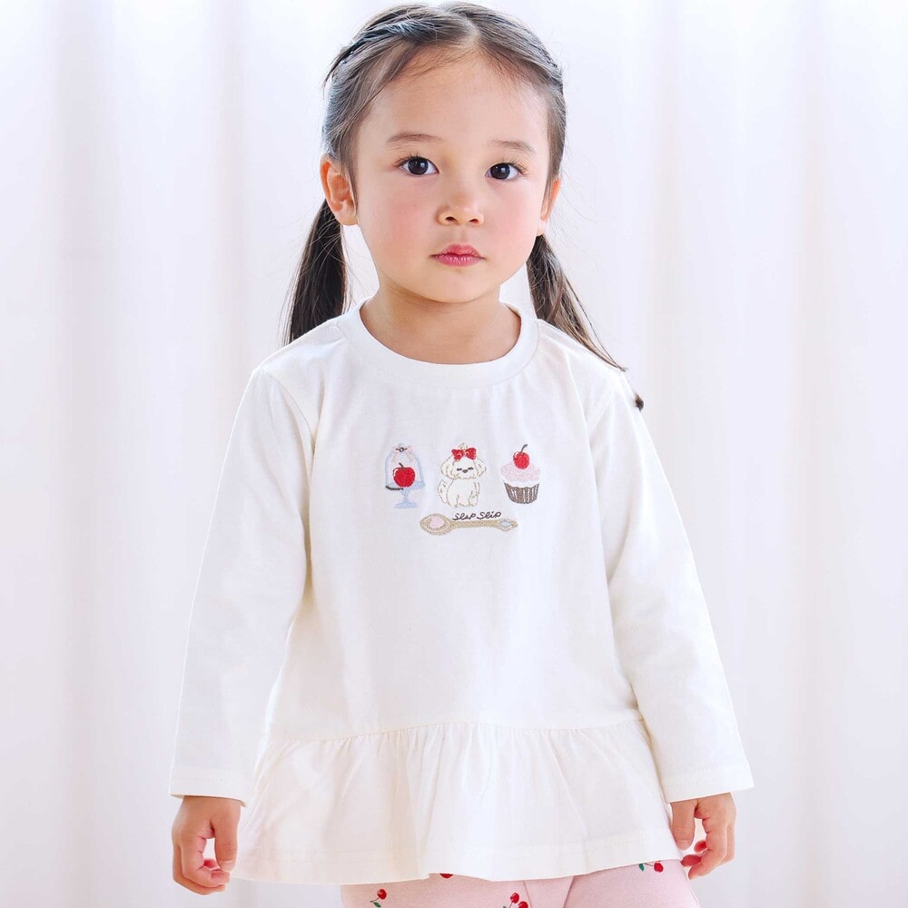 【スララク/防汚加工/オーガニックコットン】ときめきデザイン女の子長袖Tシャツ(80~130cm) ブラックドット×チェリー刺しゅう 80cm