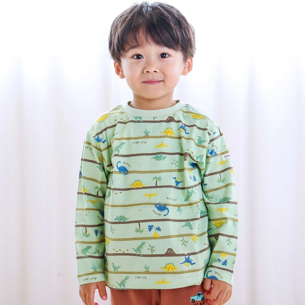 【スララク/防汚加工/オーガニックコットン】わくわくデザイン男の子長袖Tシャツ(80~130cm) ネイビー×ワニ恐竜消防車 80cm