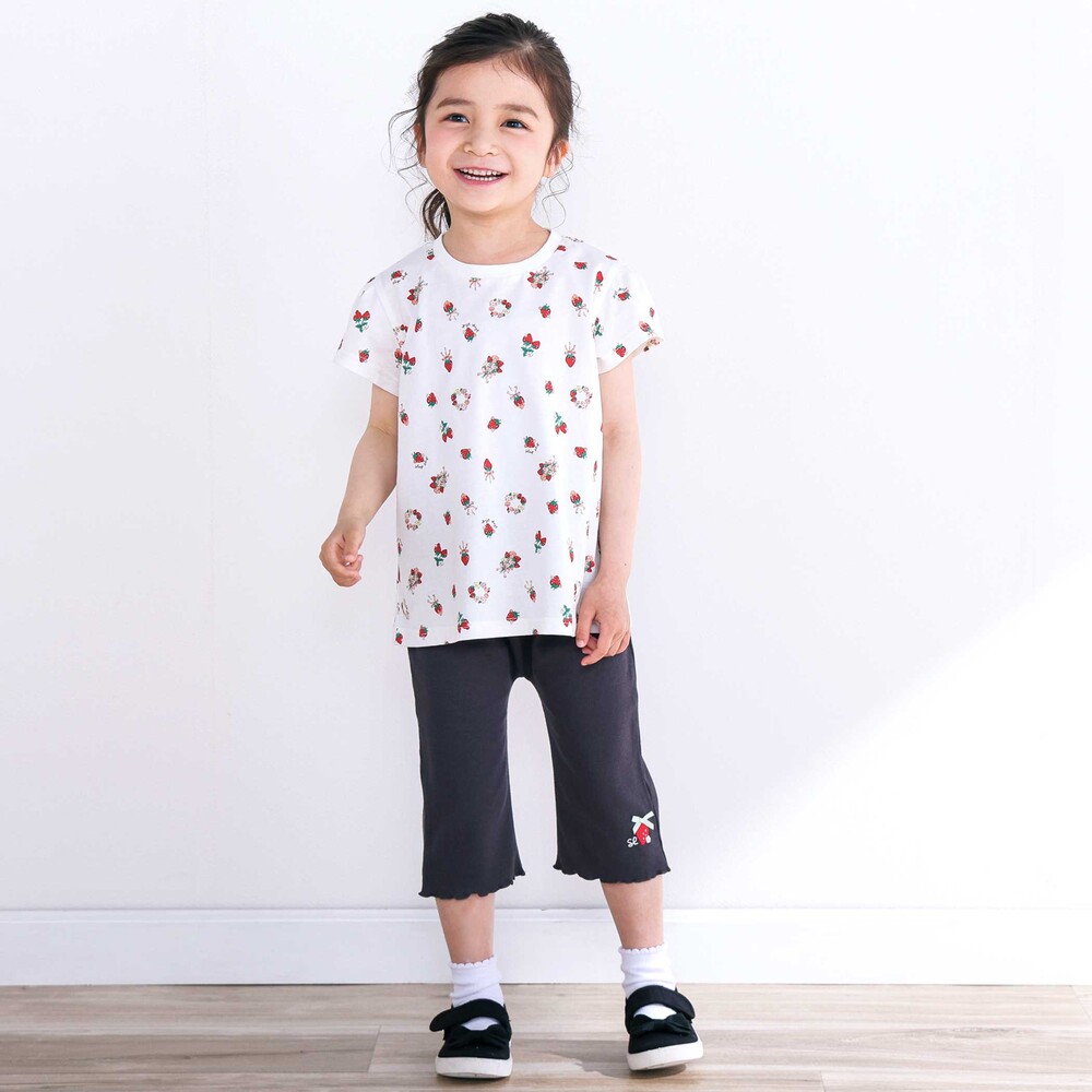 【スララク/吸汗速乾/接触冷感/オーガニックコットン】ときめき女の子半袖Tシャツ(80~130cm) コーラル×お花アイス×袖フレア 80cm