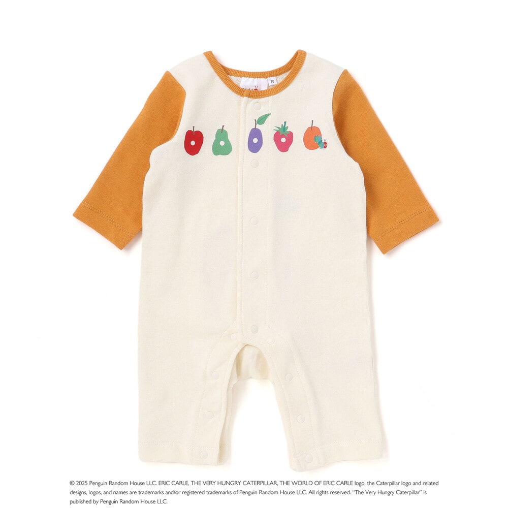 【絵本コラボ-はらぺこあおむし-】袖配色おしりパッチカバーオール(70~80cm) グリーン(リンゴ) 70cm