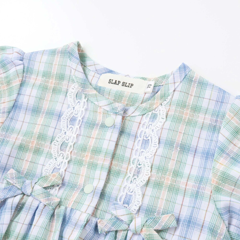 【お揃い】リボン付きマドラスチェックカバーオールベビー(70~80cm) ブルー系 70cm