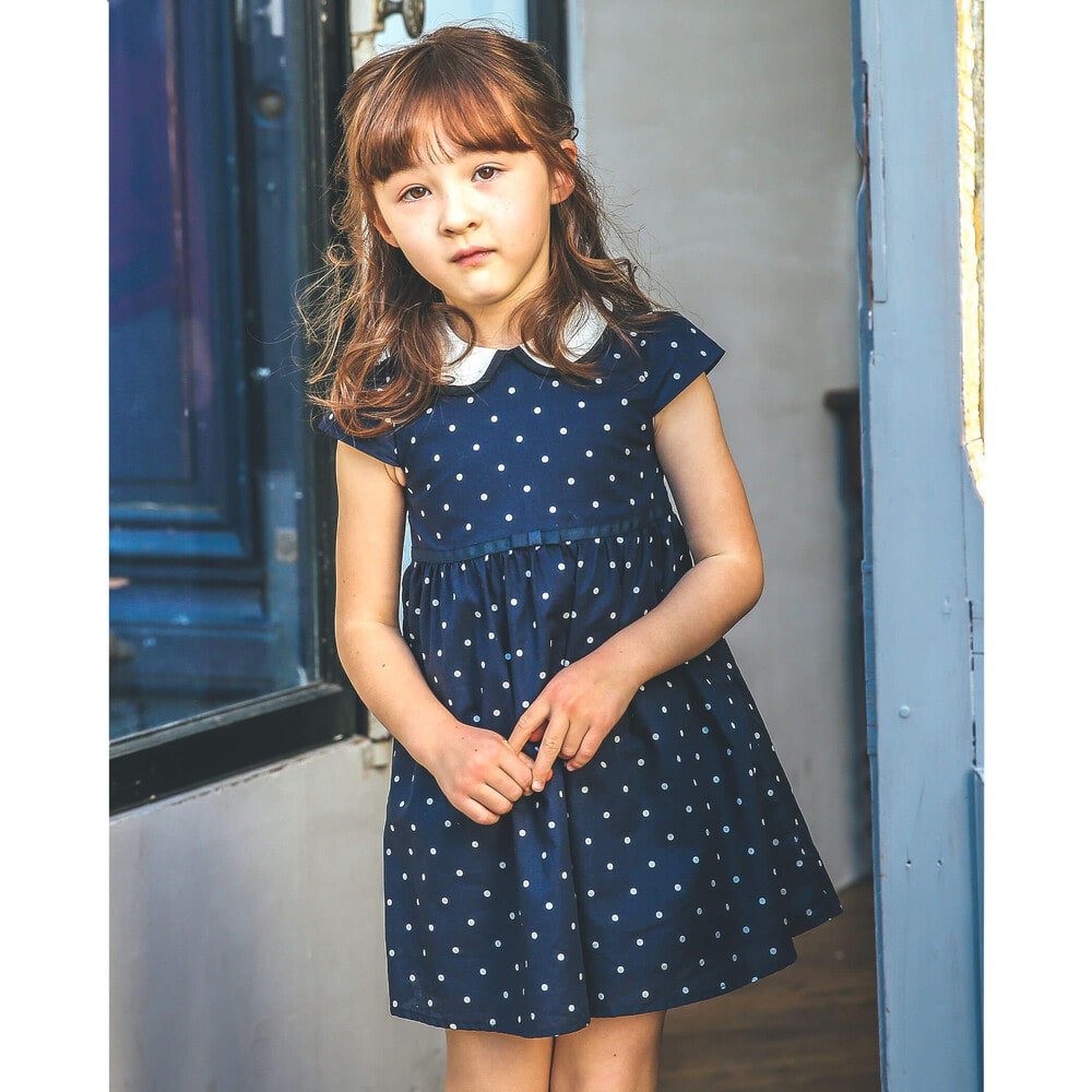 日本製 丸襟 ドット ワンピース 100 140cm 100cm ネイビー系 ワンピース 子供服べべの公式通販サイト Bebe Mall