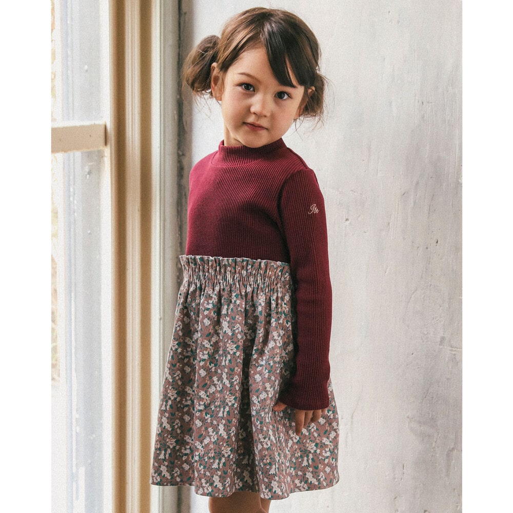 テレコ 花柄 プリント ドッキング ワンピース 90 150cm 90cm ボルドー ワンピース 子供服べべの公式通販サイト Bebe Mall