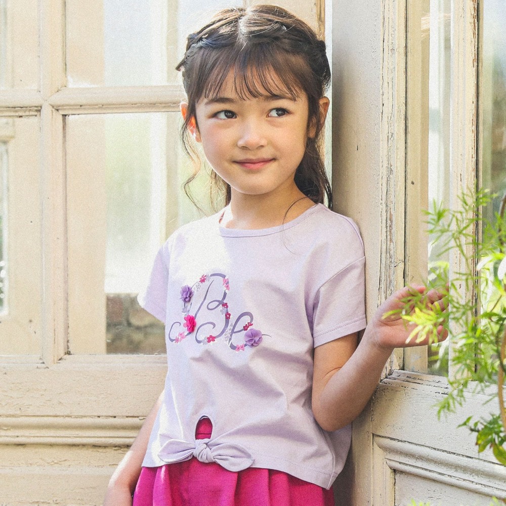 フラワーロゴプリント裾結びTシャツ(90~150cm)(90cm パープル