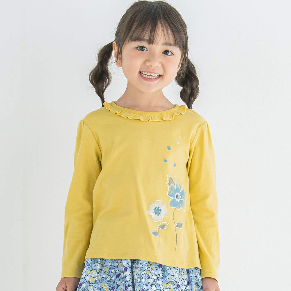 襟フリルフラワープリントTシャツ(100~150cm)(100cm イエロー): トップス【べべモール公式】-子供服べべの公式通販サイト 「BEBE  MALL」