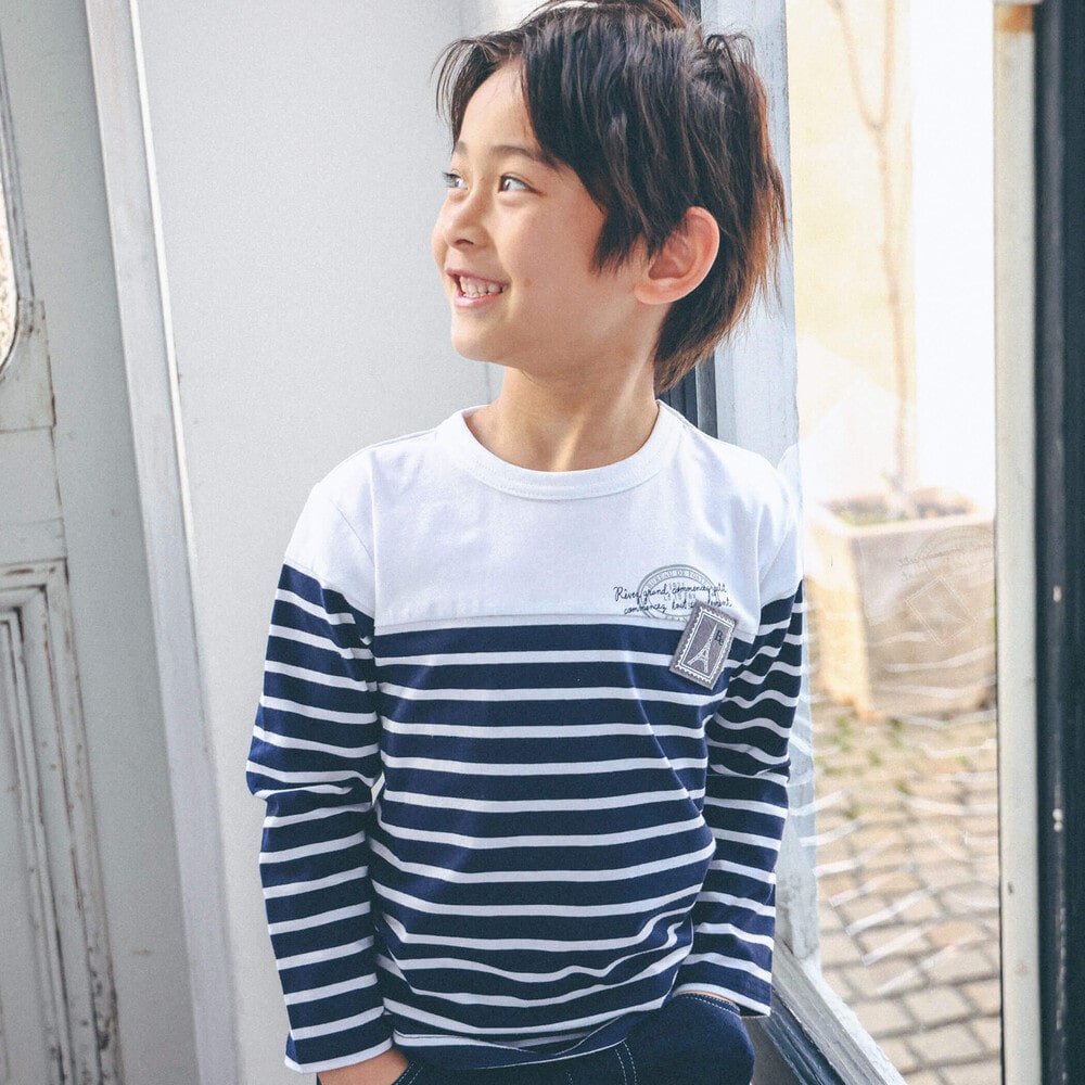 肩抜きボーダー切替Tシャツ(80~150cm)(80cm ネイビー系 肩抜きボーダー切替Tシャツ(80~150cm)(80cm ネイビー系