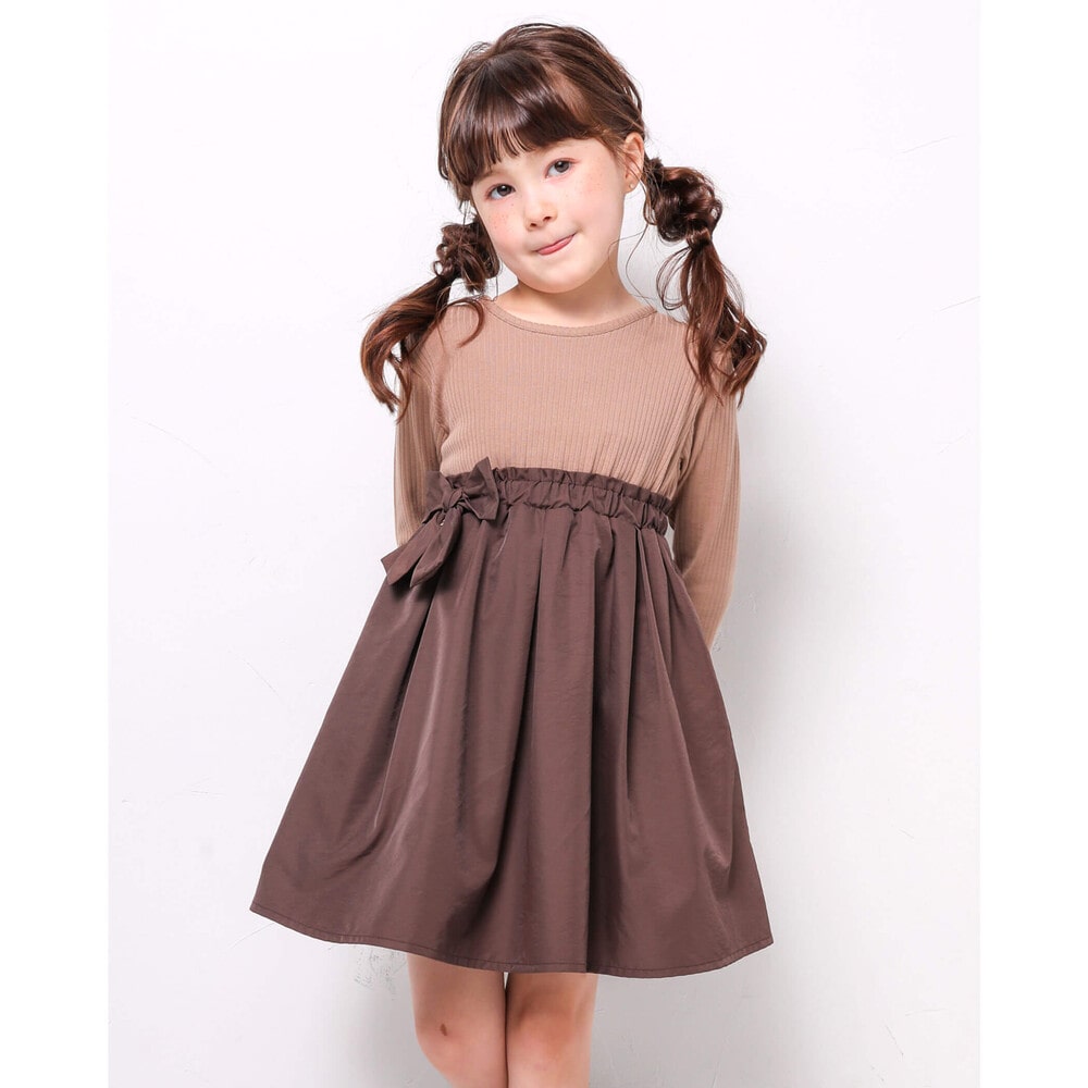 ウエスト リボン リブ ドッキング フレア ワンピース 95 150cm 95cm ブラウン系 ワンピース 子供服べべの公式通販サイト Bebe Mall