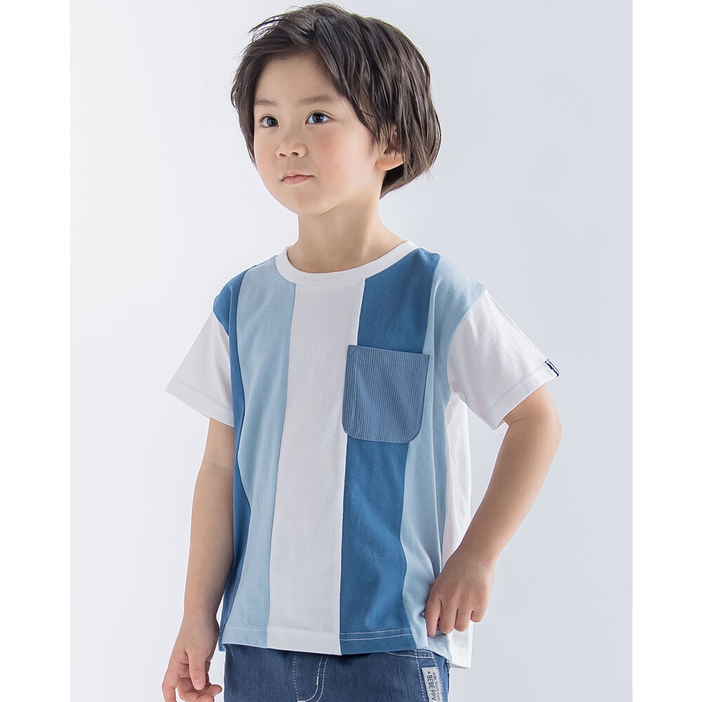 天竺 カラー 3色 異素材 Tシャツ (95~150cm)(95cm ブルー系): トップス