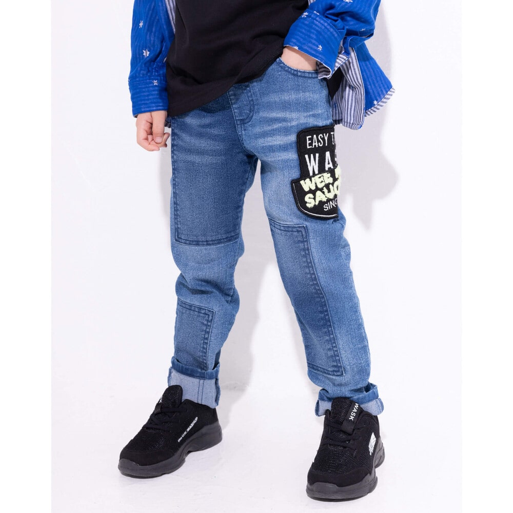 ワッペン 付き パッチワーク スキニー デニム パンツ 100 160cm 100cm ネイビー ボトム 子供服べべの公式通販サイト Bebe Mall