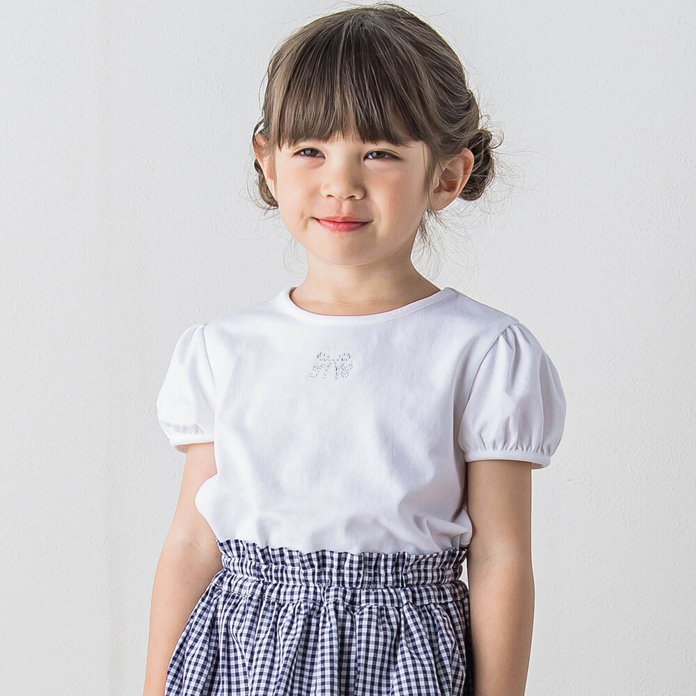ラインストーンリボン付きベア天竺半袖Tシャツ(90~140cm)(90cm