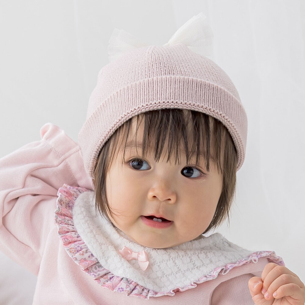 ピンク):　チュールリボンニット帽(44~48cm)(ﾜﾝｻｲｽﾞ(44-48cm)　新生児/ベビー【べべモール公式】-子供服べべの公式通販サイト　「BEBE　MALL」