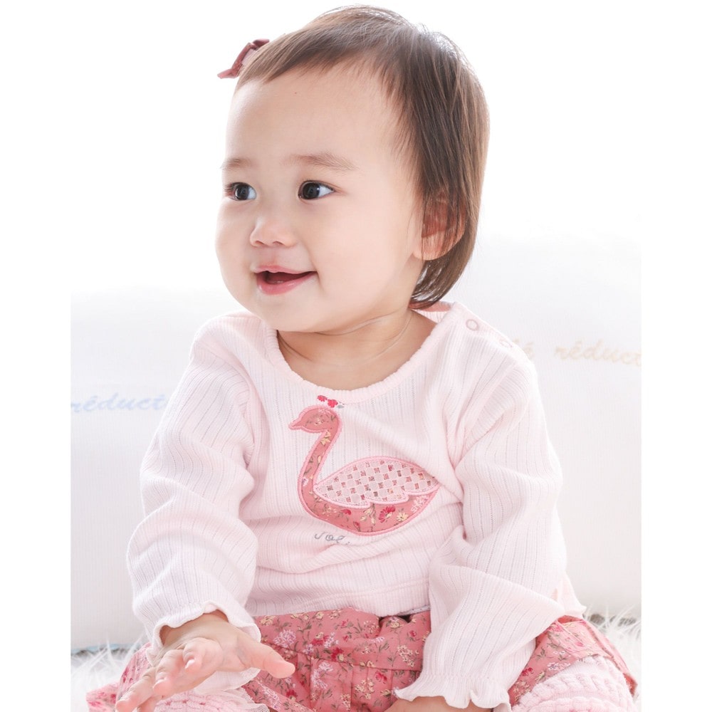 スワン 花柄 プリント テレコ Tシャツ (70cm~90cm)(S ピンク): 新生児