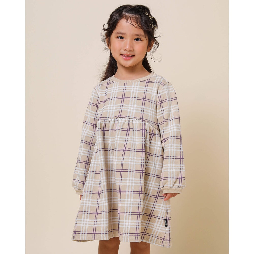 裏毛 ウエスト ギャザー チェック プリント ワンピース 80 130cm 80cm ベージュ ワンピース 子供服べべの公式通販サイト Bebe Mall