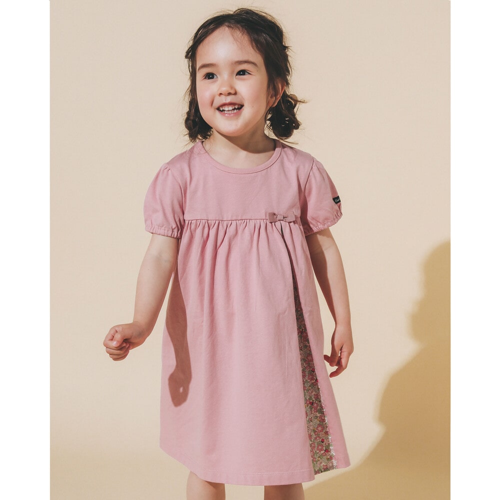 リボン 花柄 切り替え 天竺 パフスリーブ ワンピース 80 130cm 80cm ピンク ワンピース 子供服べべの公式通販サイト Bebe Mall
