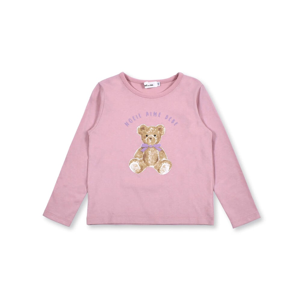 クマ ぬいぐるみ プリント 天竺 Tシャツ (80~130cm)(80cm ピンク