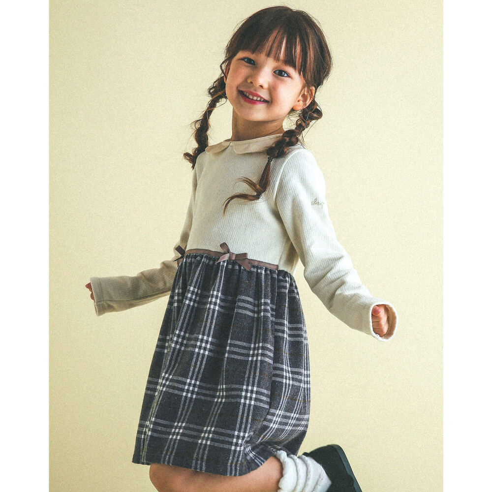 襟付き チェック柄 切り替え ワンピース 80 130cm 80cm オフホワイト ワンピース 子供服べべの公式通販サイト Bebe Mall