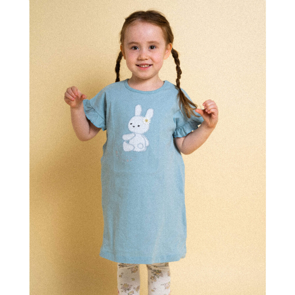 うさぎ 花 パッチ 袖 フリル ワンピース 80 130cm 80cm ブルー ワンピース 子供服べべの公式通販サイト Bebe Mall