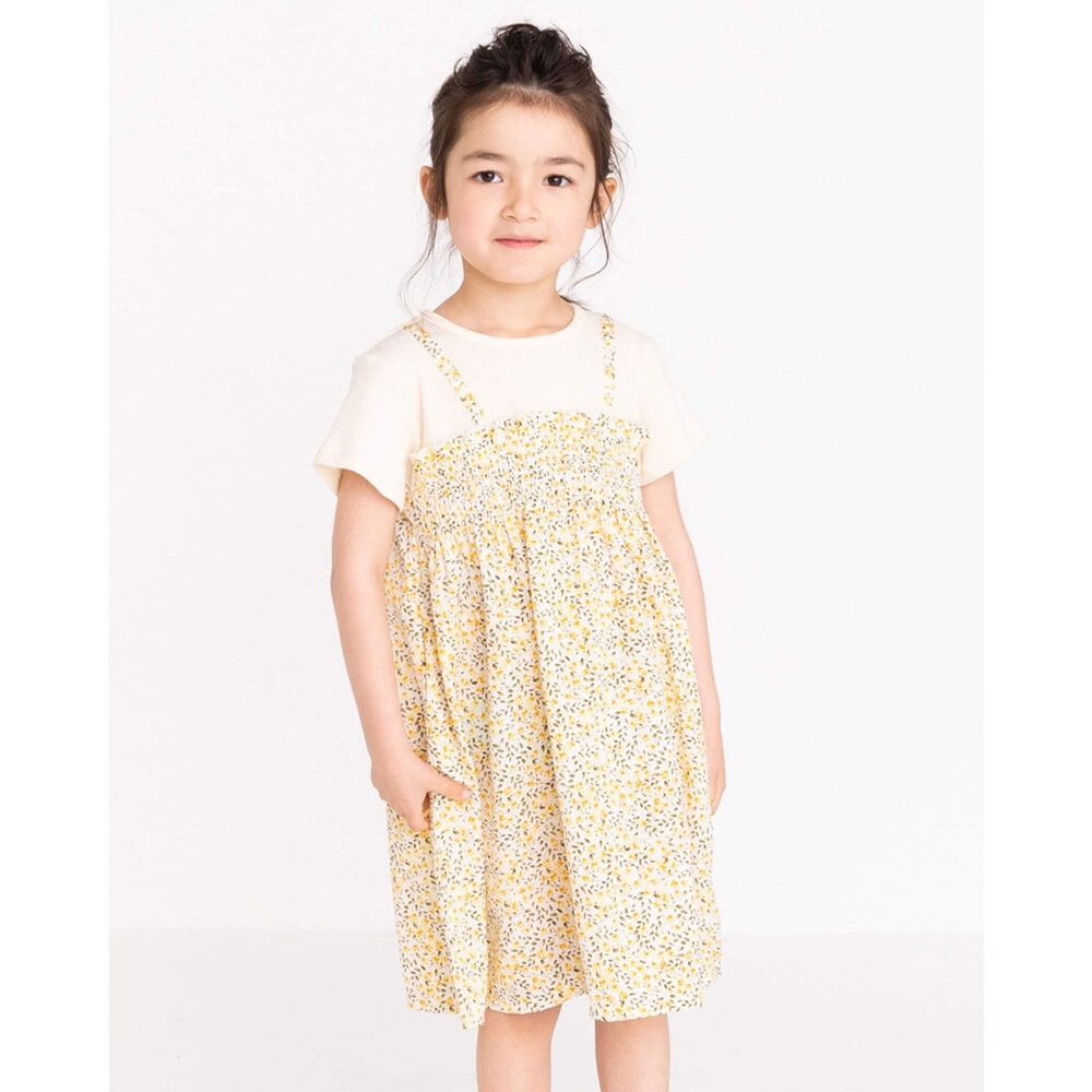 ドット 花柄 ドッキング ワンピース 80 130cm 80cm イエロー系 ワンピース 子供服べべの公式通販サイト Bebe Mall