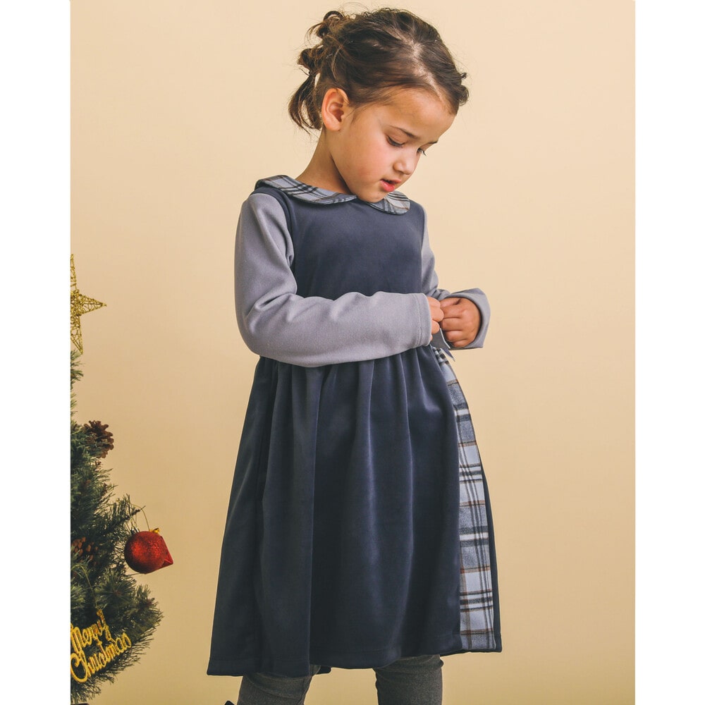 お揃い 】 チェック 柄 襟 ベロア リボン 付 ワンピース (90~130cm