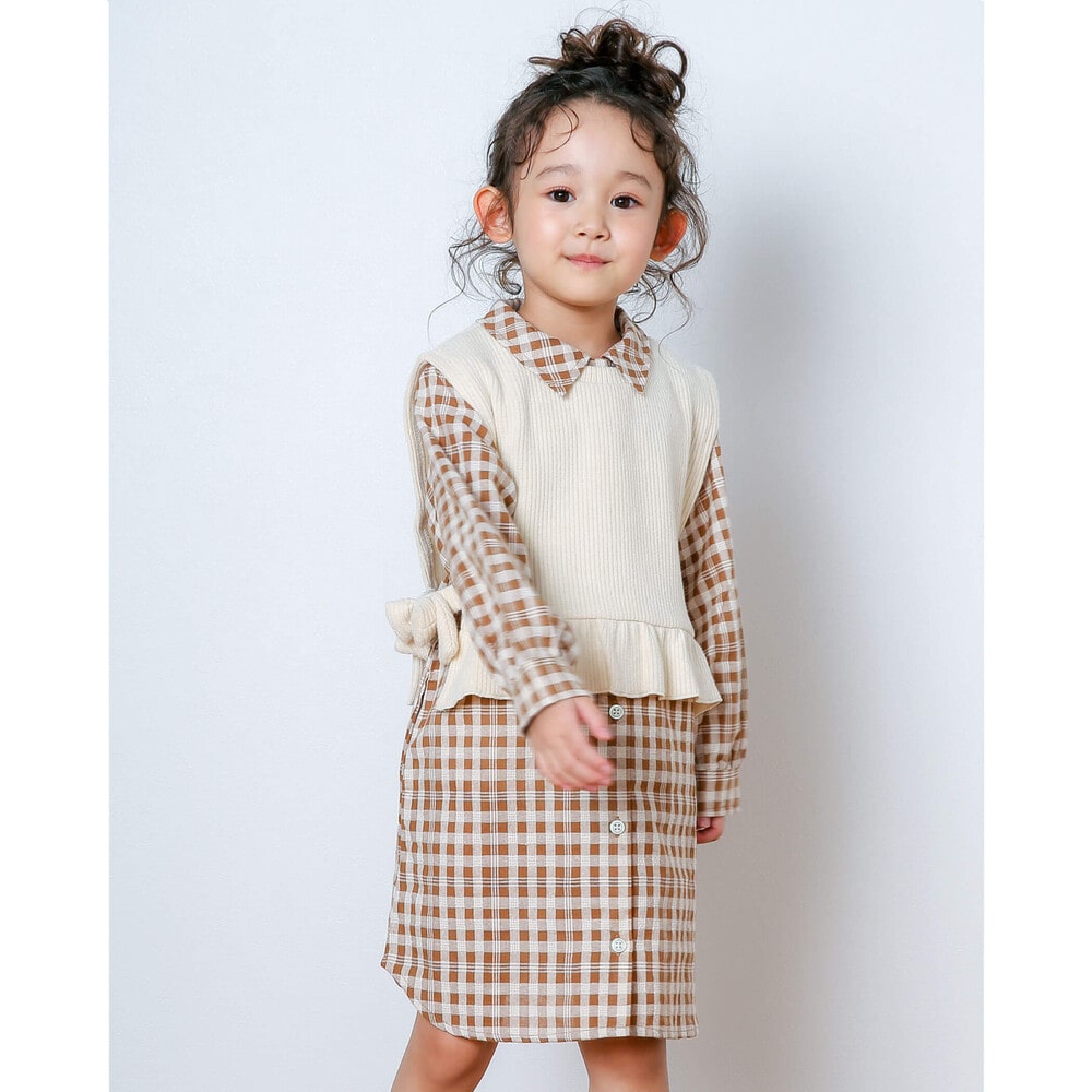 チェック柄 ワンピース ニット ベスト セット 80 130cm 80cm ブラウン系 セット 子供服べべの公式通販サイト Bebe Mall