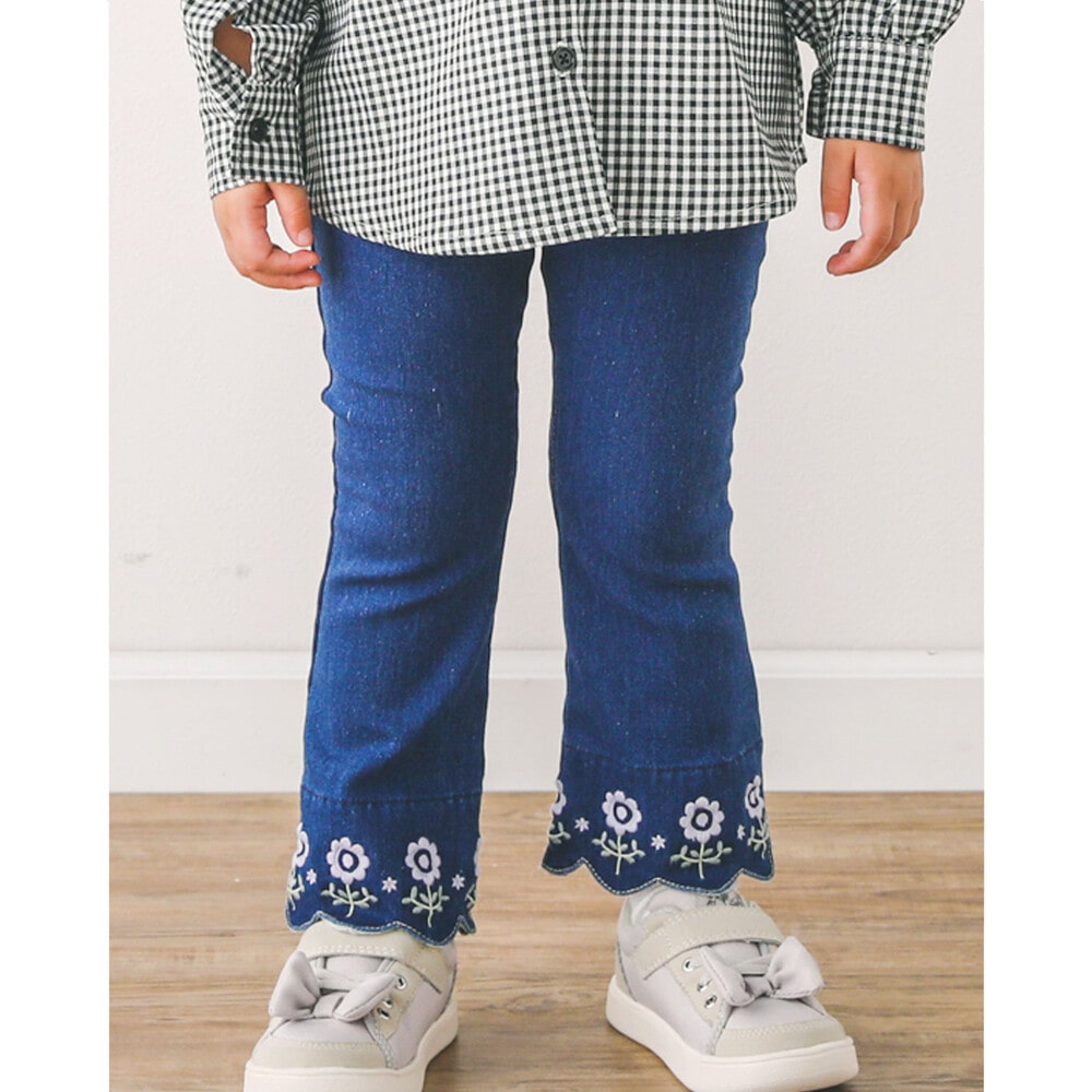 裾 スカラップ 花 刺繍 ストレッチ デニム パンツ (90~130cm)(90cm ネイビー): ボトム-子供服べべの公式通販サイト 「BEBE  MALL」