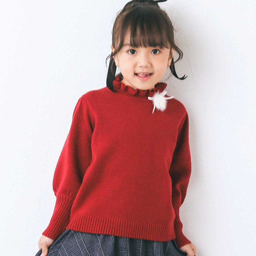 フリル襟バルーン袖ハイネックニット(80~130cm)(80cm レッド